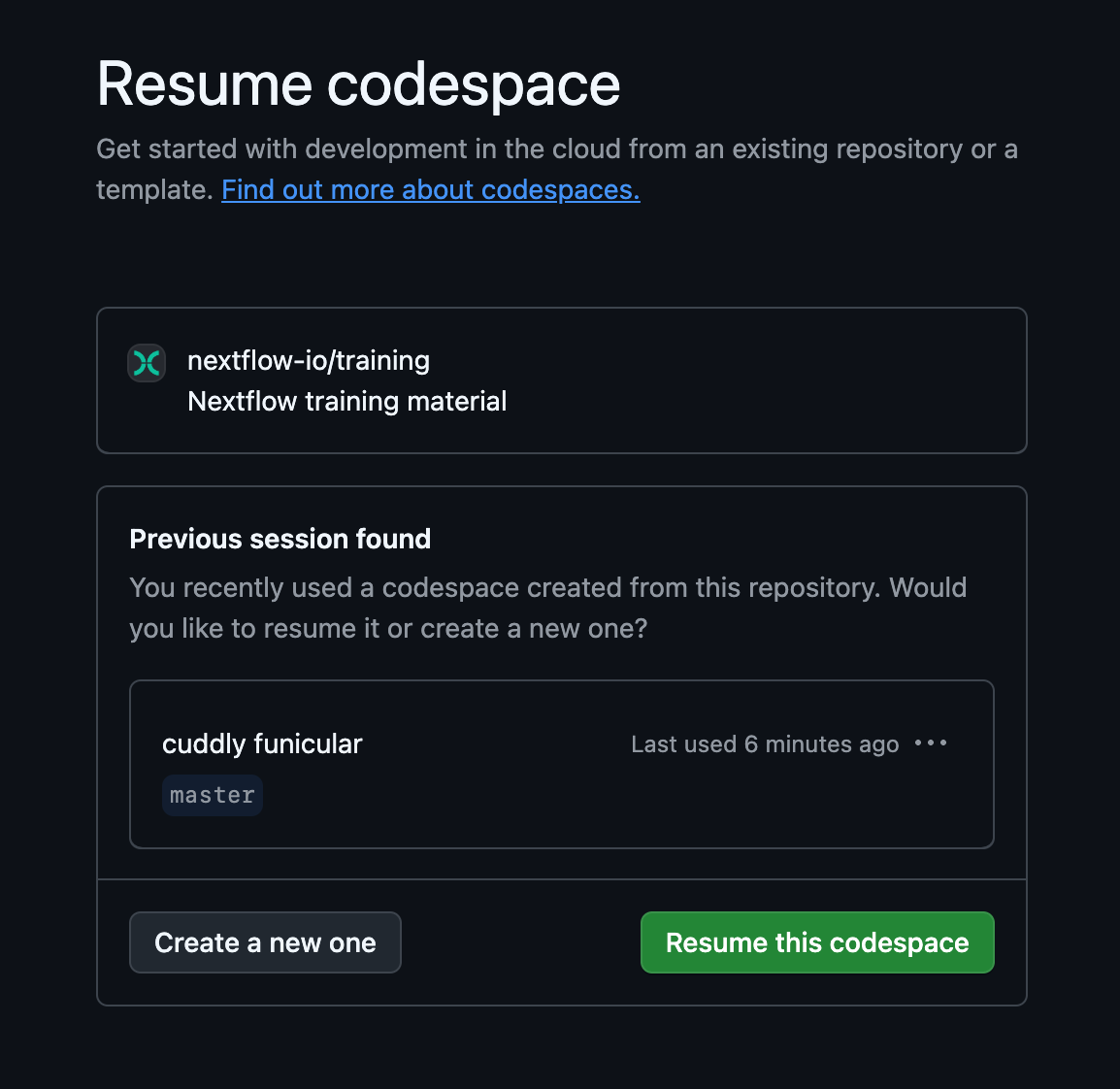 Einen GitHub Codespace fortsetzen